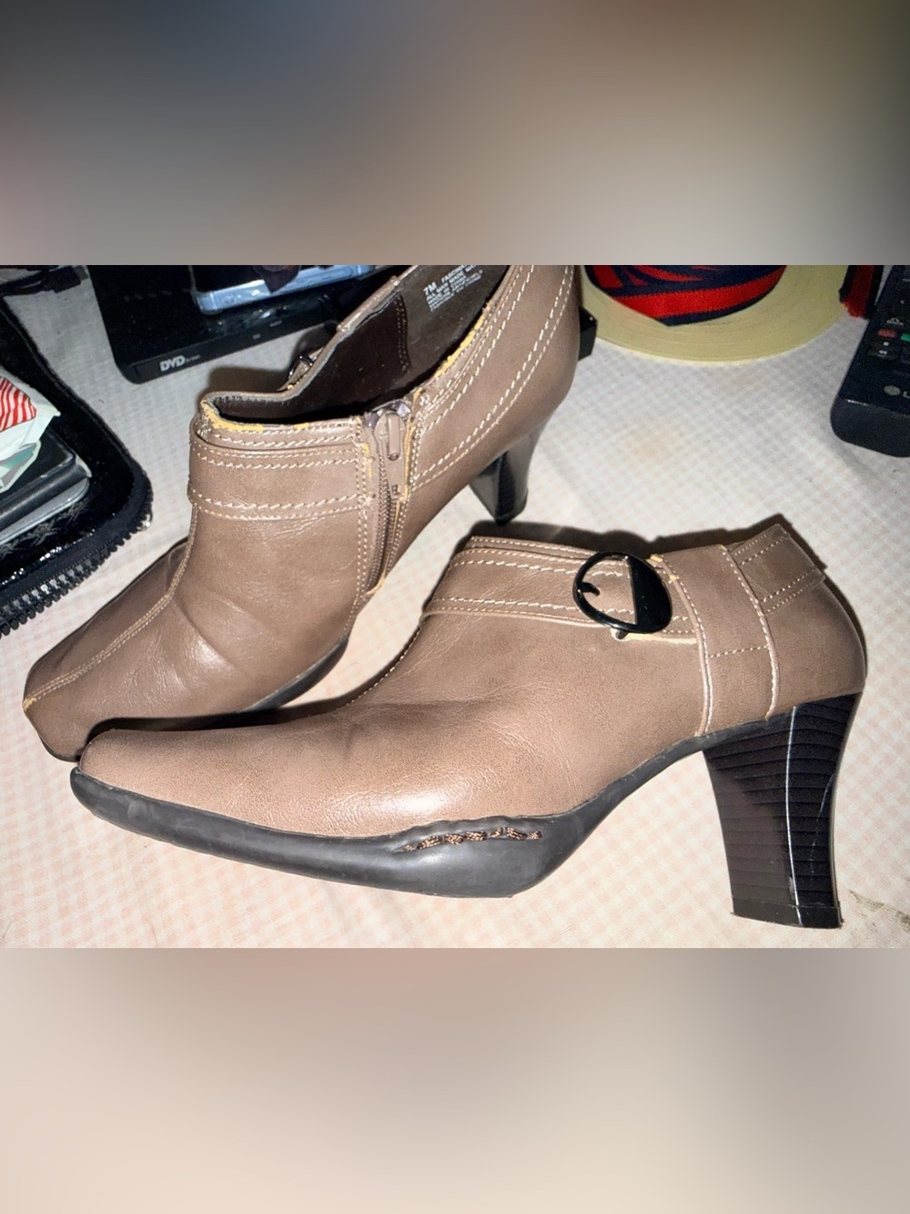 A2 By Aerosoles Taupe Heeled Ankle Booties with Buckle Accent